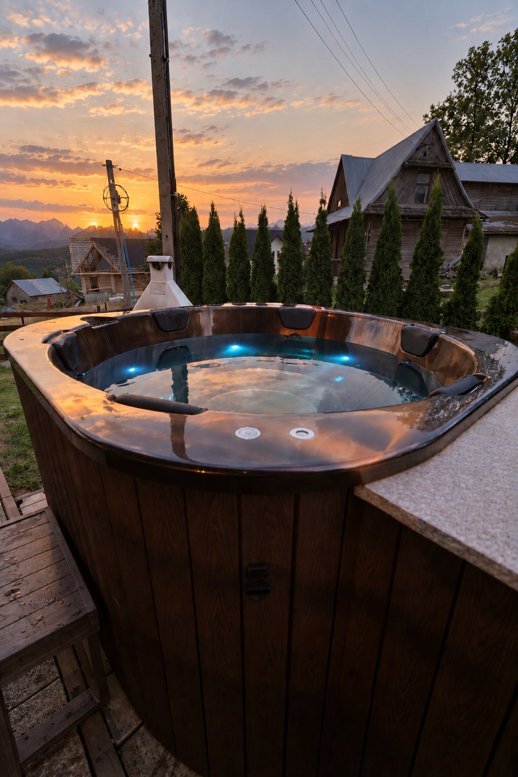 Jacuzzi na tarasie o zachodzie słońca